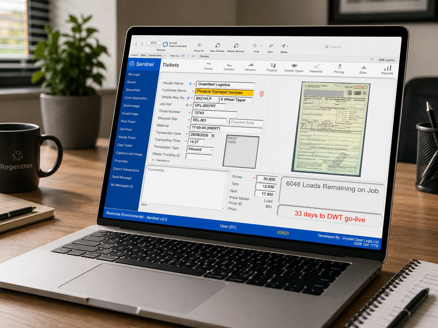 Sentinel's FileMaker desktop app open on the Tickets layout, showing a weighbridge transaction entry with haulier, vehicle, material and weight details