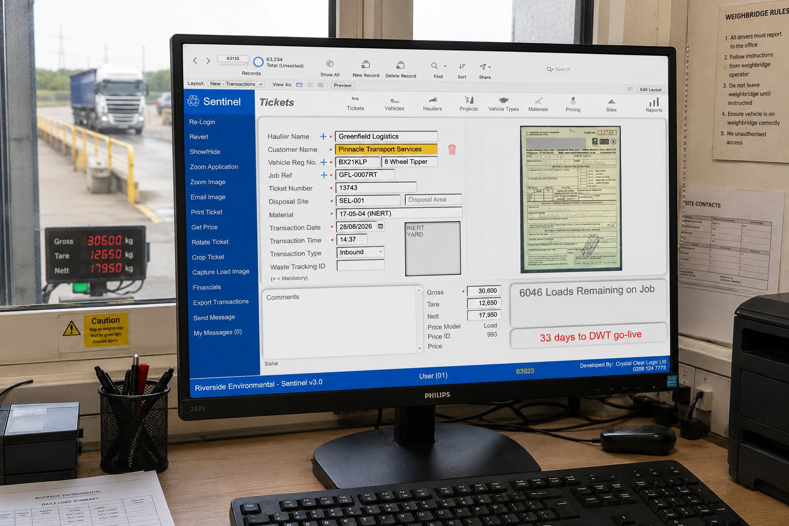 Sentinel running on a weighbridge office desktop, with a delivery vehicle at the gate outside